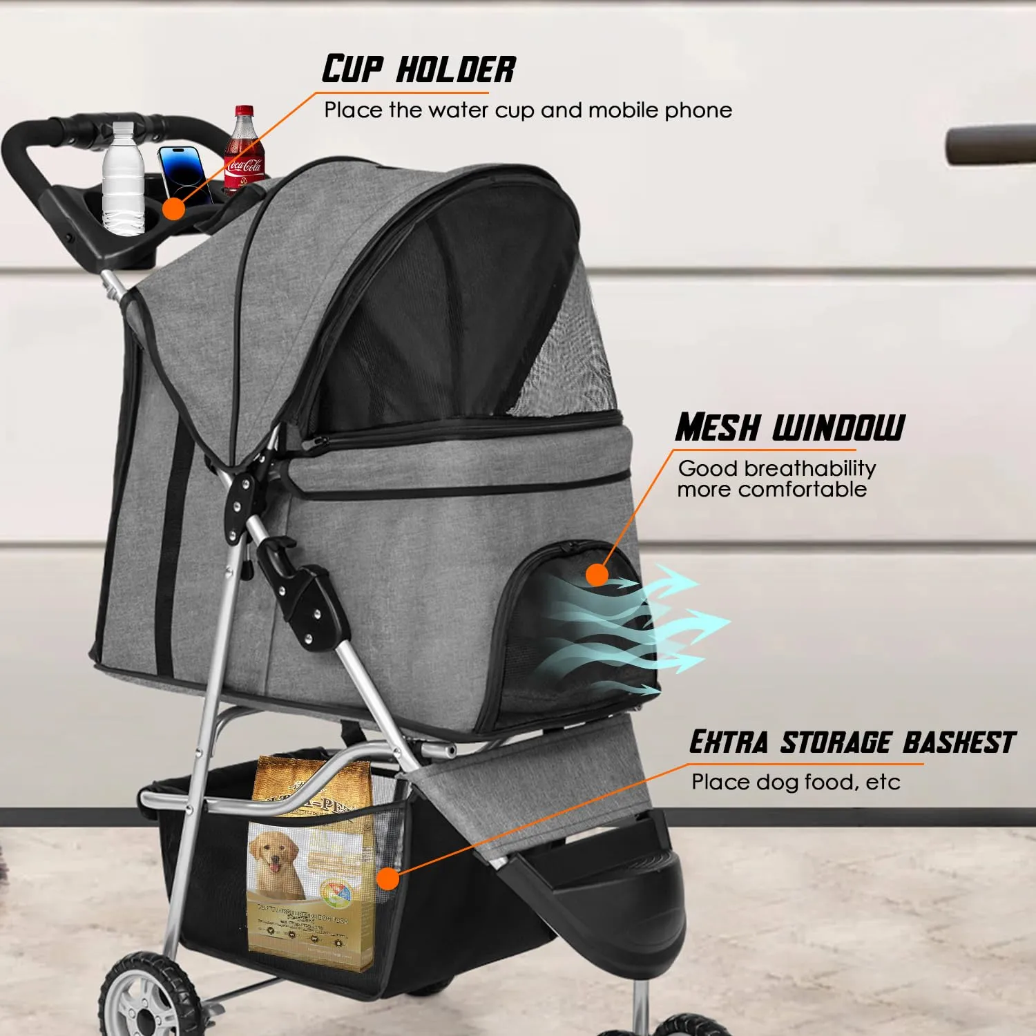 FDW 3 Wheels Pet Stroller Folding Dog Cat Jogger Stroller with Storage Basket &Cup Holder Portable Lightweight Travel Carrier, Grey
