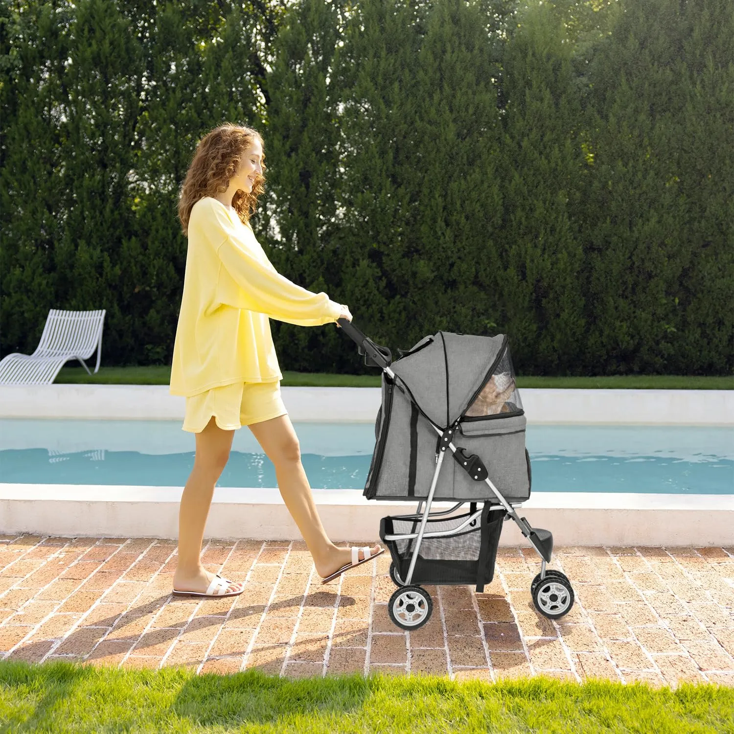 FDW 3 Wheels Pet Stroller Folding Dog Cat Jogger Stroller with Storage Basket &Cup Holder Portable Lightweight Travel Carrier, Grey