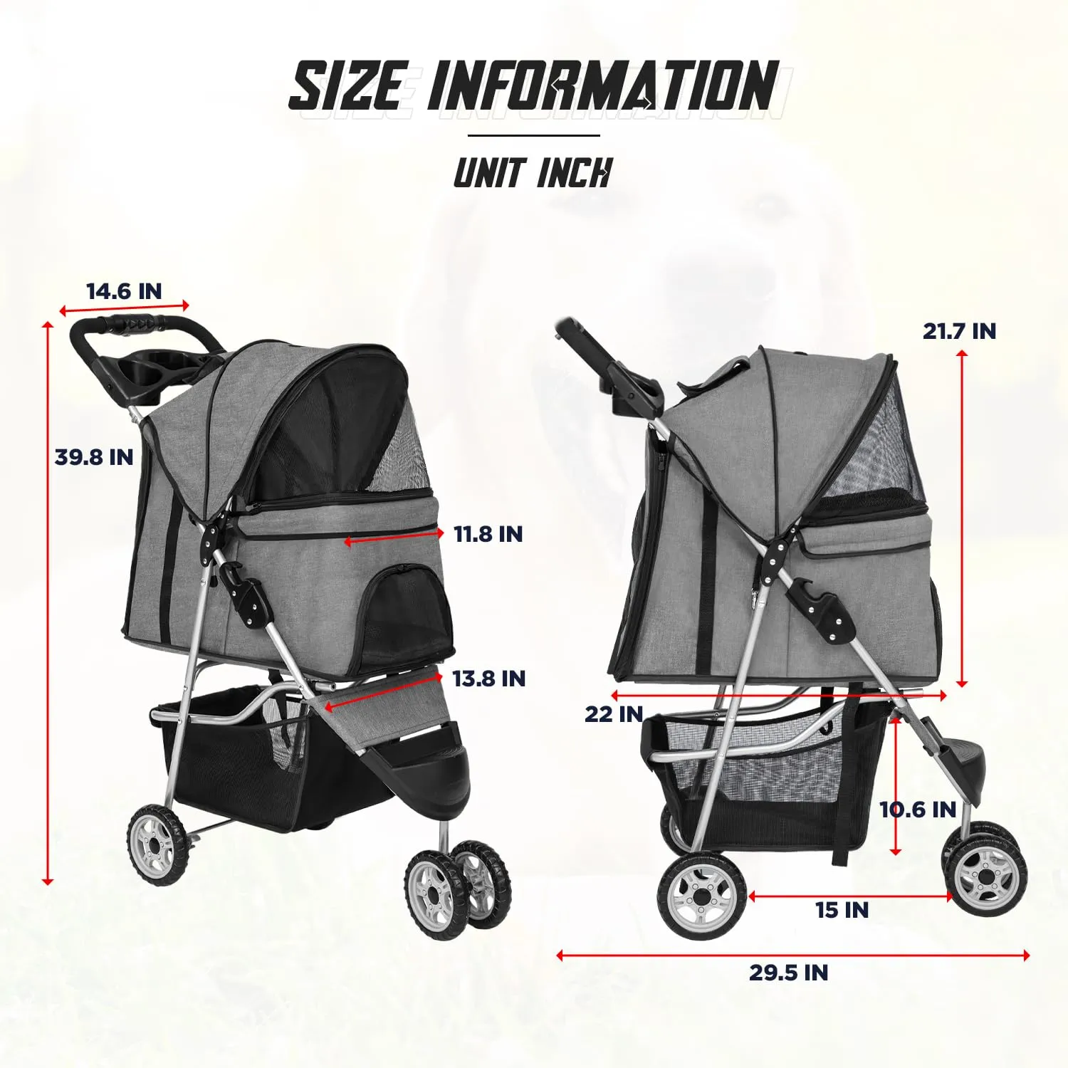 FDW 3 Wheels Pet Stroller Folding Dog Cat Jogger Stroller with Storage Basket &Cup Holder Portable Lightweight Travel Carrier, Grey