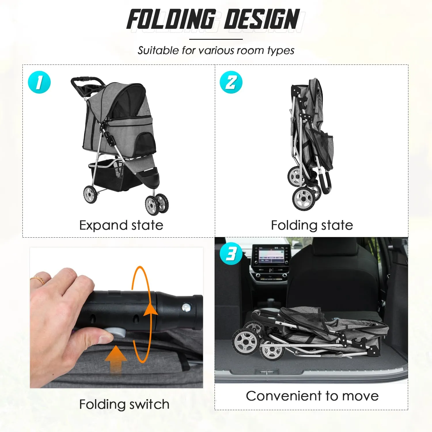 FDW 3 Wheels Pet Stroller Folding Dog Cat Jogger Stroller with Storage Basket &Cup Holder Portable Lightweight Travel Carrier, Grey