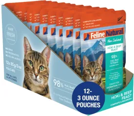 Feline Natural Wet Cat Food Pouch - Hoki & Beef Feast, Grain-Free, Grass-Fed & Sustainably Sourced, Made in New Zealand, 3oz Pate, 12 Count Pack