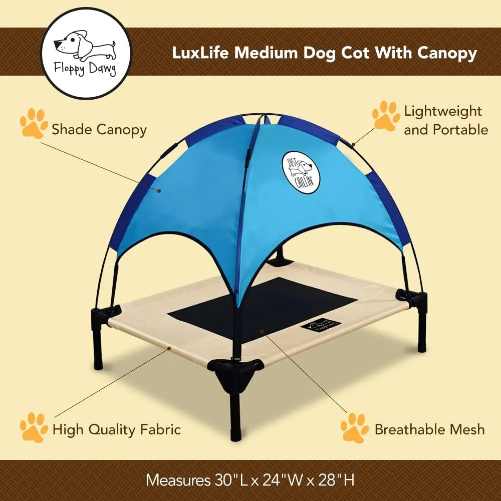 Floppy Dawg Just Chillin Elevated Dog Bed. LuxLife Edition - Premium Cot Includes Two Designer Canopies. Lightweight and Portable, Indoor or Outdoor. Chill in Style.