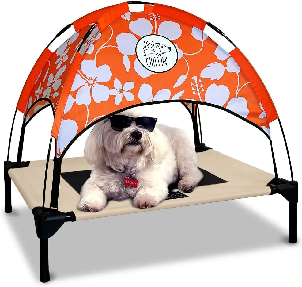 Floppy Dawg Just Chillin Elevated Dog Bed. LuxLife Edition - Premium Cot Includes Two Designer Canopies. Lightweight and Portable, Indoor or Outdoor. Chill in Style.