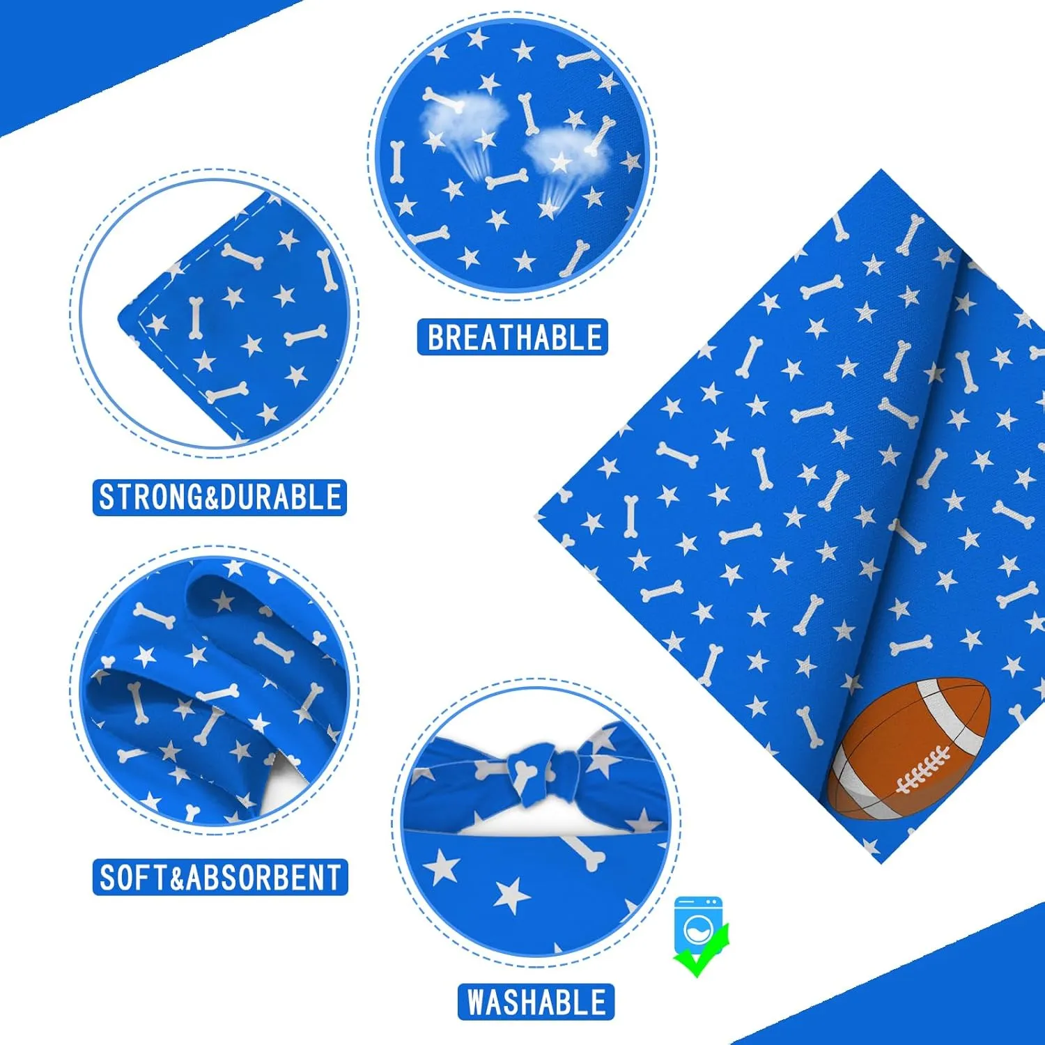 Football and Baseball Dog Bandanas 2 Pack,Blue Pet Scarf for Boy and Girl,Thanksgiving Holiday Bandana for Small or Large or Extra Large Dogs (X-Large),Premium Durable Fabric