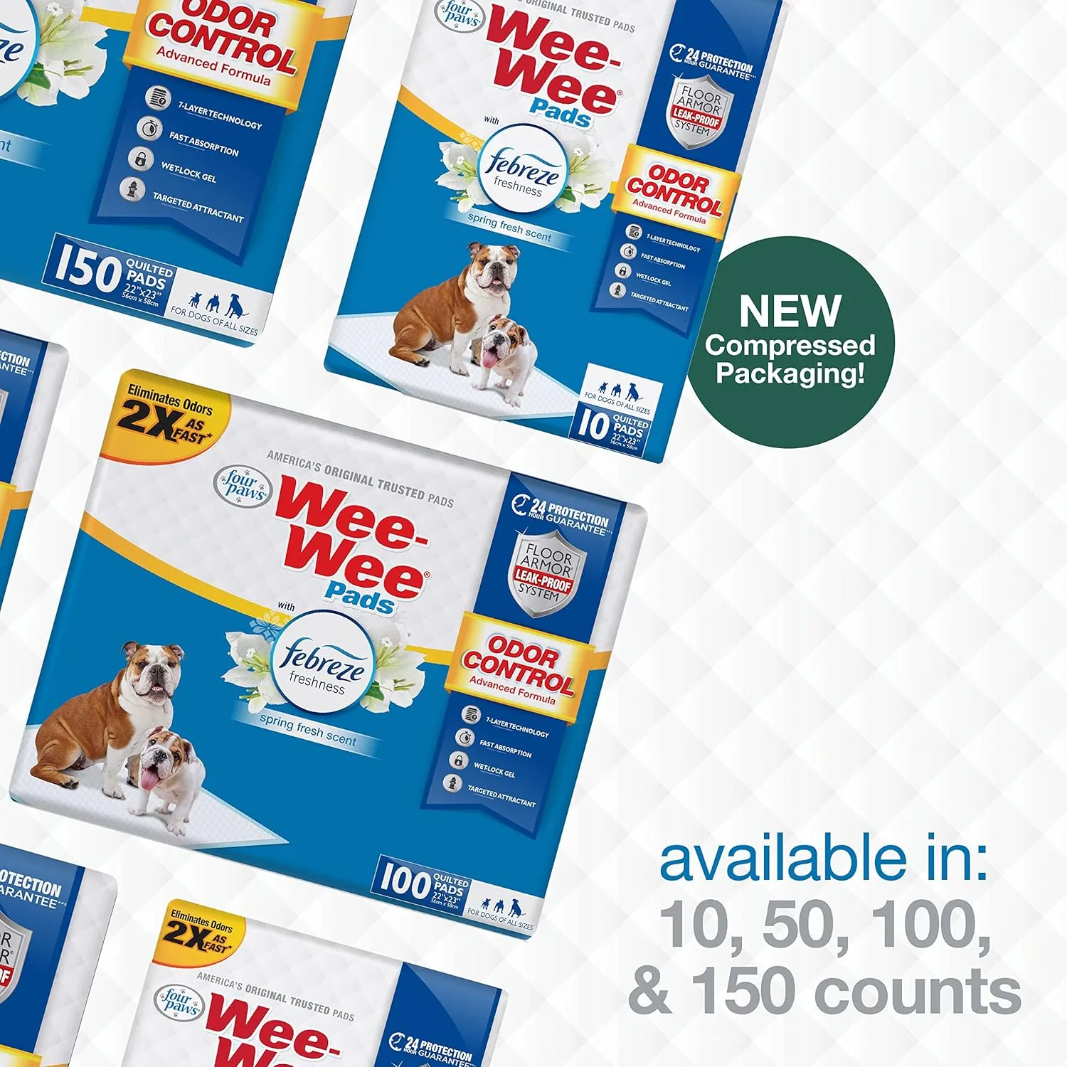 Four Paws Wee-Wee Odor Control with Febreze Freshness Pee Pads for Dogs & Puppies, Leak-Proof Dog Housebreaking Potty Training Floor Protection, Spring Fresh Scent, 22" x 23", 10 Count