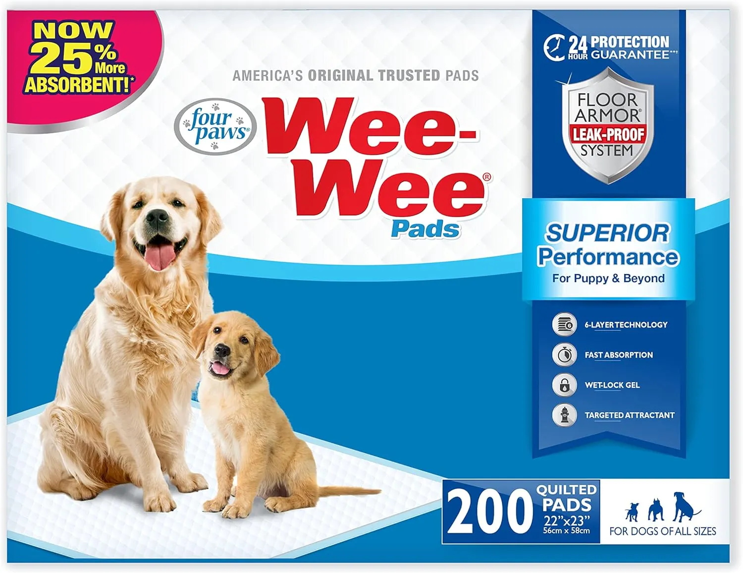 Four Paws Wee-Wee Superior Performance Unscented Pee Pads for Dogs & Puppies, Quilted Leak-Proof Dog Housebreaking Potty Training Floor Protection, 22" x 23", 200 Count