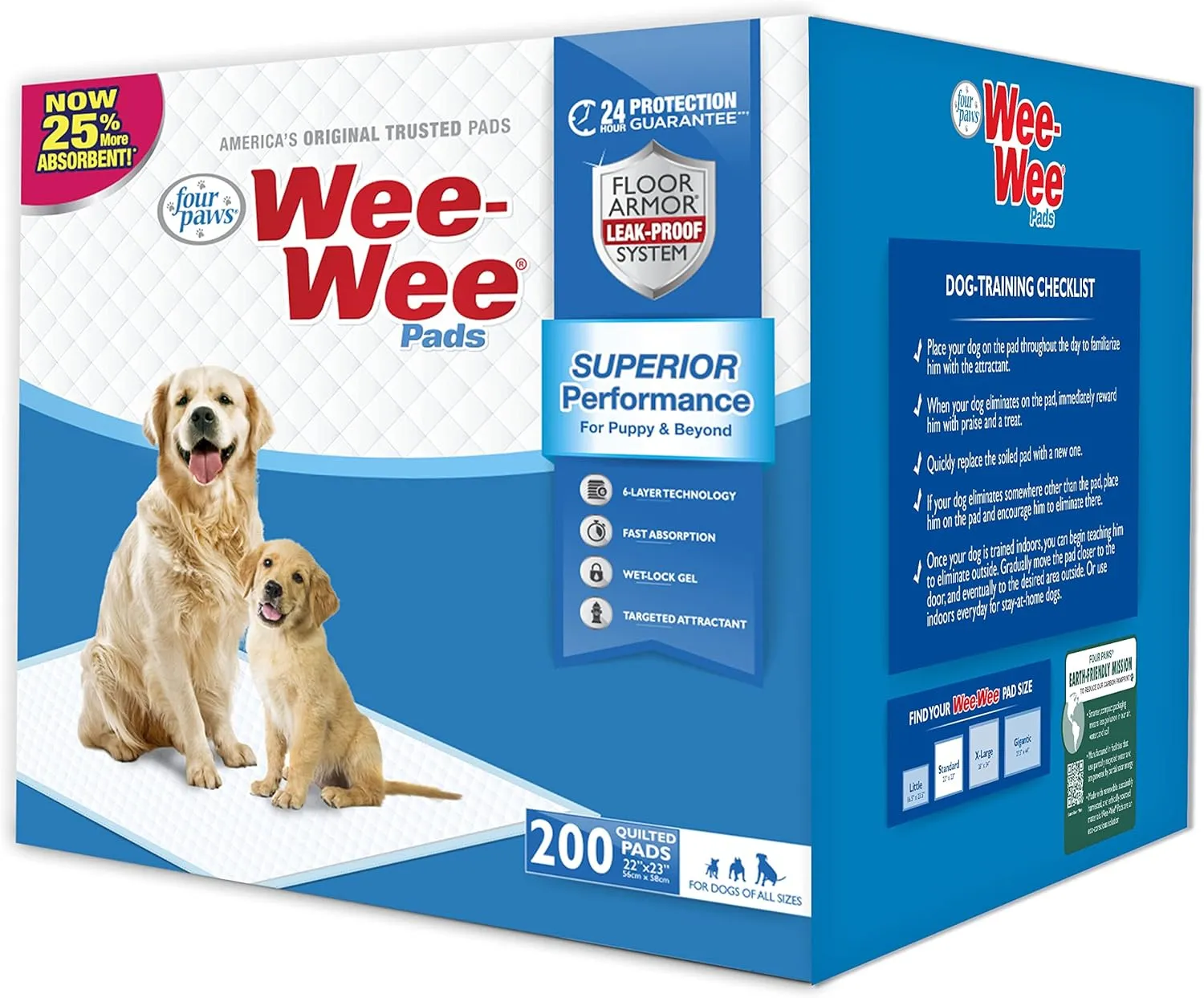 Four Paws Wee-Wee Superior Performance Unscented Pee Pads for Dogs & Puppies, Quilted Leak-Proof Dog Housebreaking Potty Training Floor Protection, 22" x 23", 200 Count