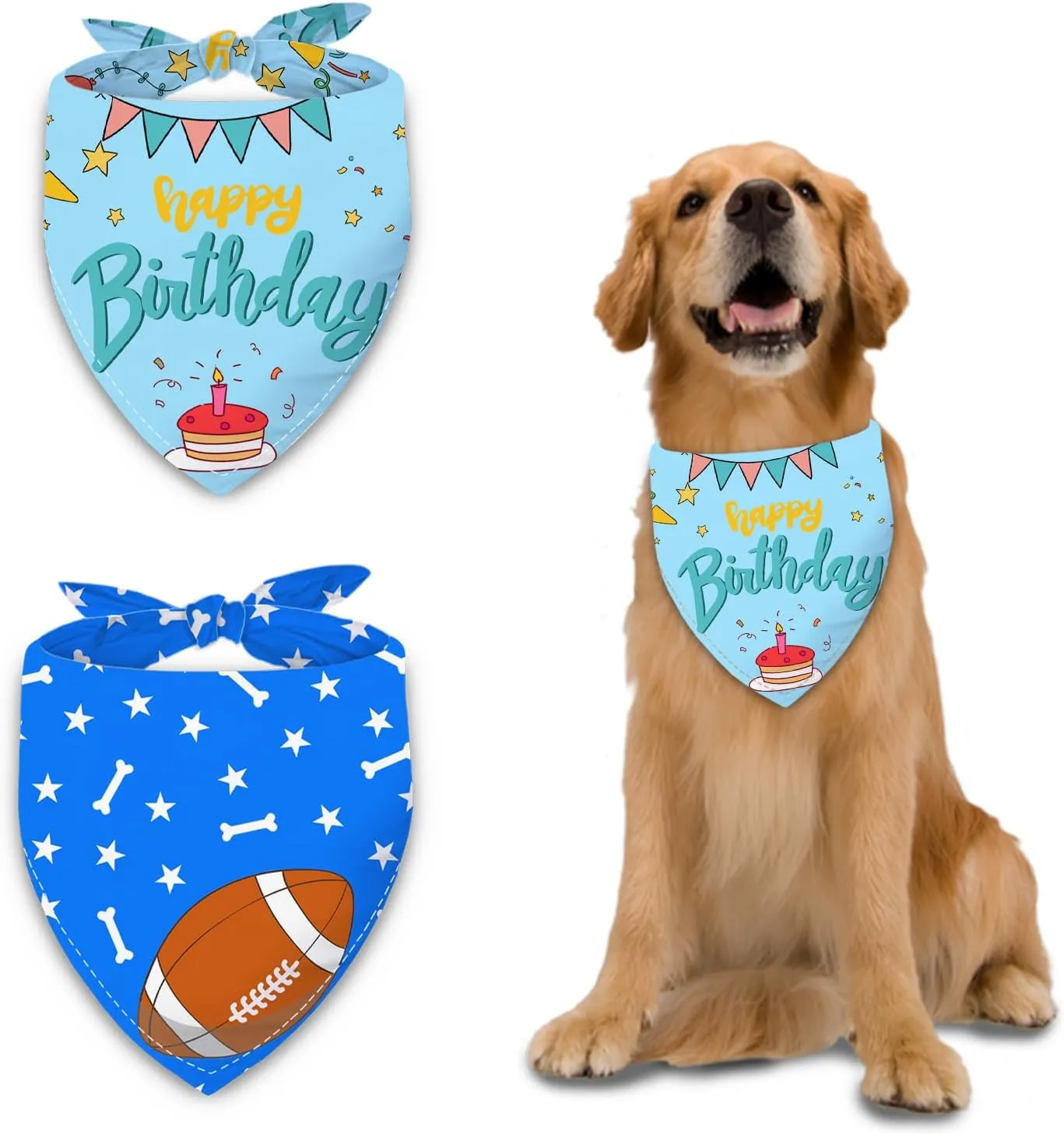 Happy Birthday Dog Bandanas 2 Packs,Blue Pet Scarf for Boys and Girls,Football Game Bandana for Small or Large or Extra Large Dogs (X-Large),Premium Durable Fabric