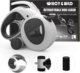 HCY&WLD Upgrade 4-in-1 Retractable Dog Leash with LED Light & Dispenser & Poop Bags, 16 ft Heavy Duty Dog Leash with Anti-Slip Handle for Dogs up to 110 lbs, 360 Tangle-Free, One Button Brake & Lock