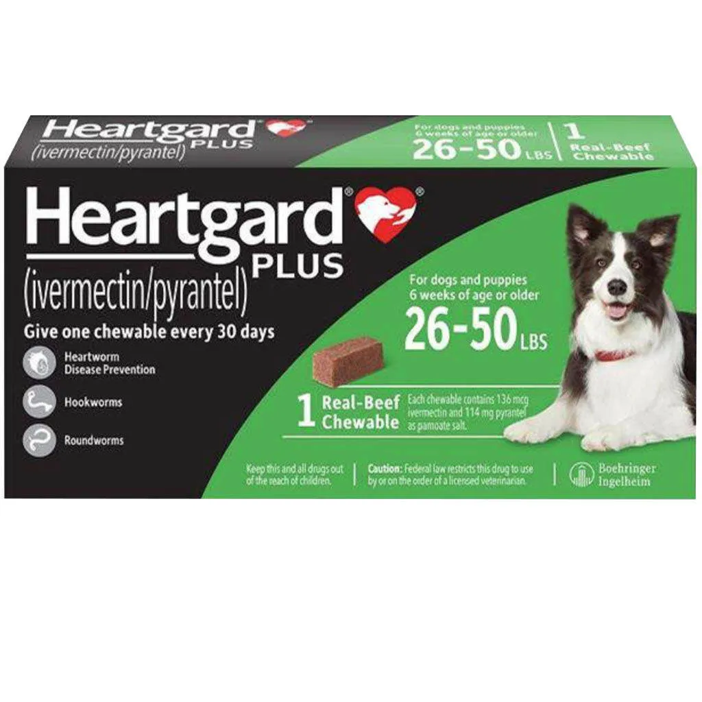 Heartgard Plus Chew for Dogs (Ivermectin/Pyrantel), 26-50 lbs (Green Box)
