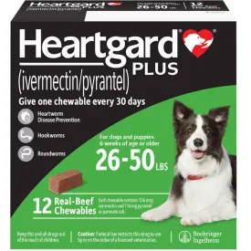 Heartgard Plus Chew for Dogs (Ivermectin/Pyrantel), 26-50 lbs (Green Box)