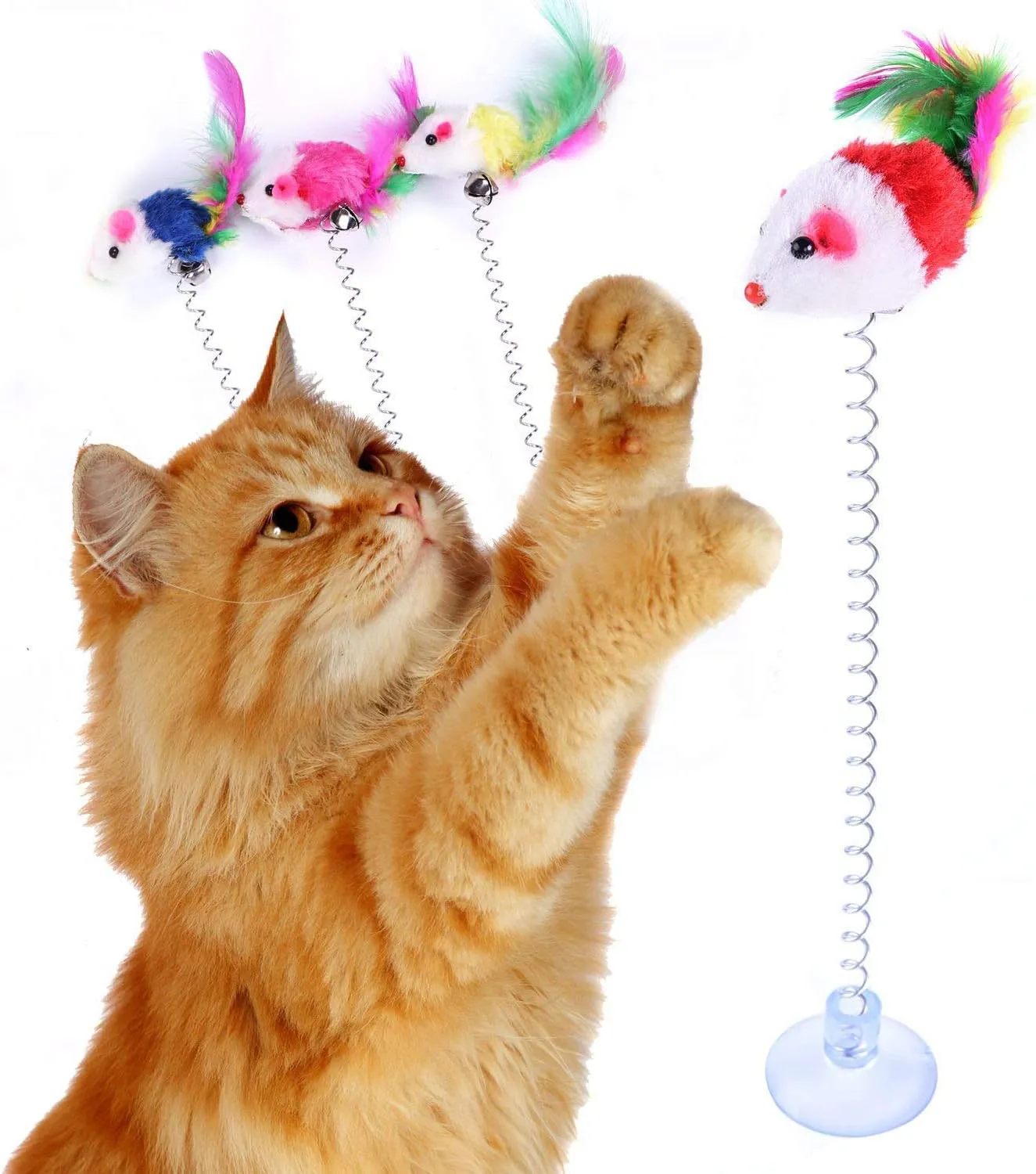KABB 3 Pcs Cat Toy Spring Toy Elastic Spring Mouse Feather Plush Interactive Intelligence Toys with Sucking, Random Color