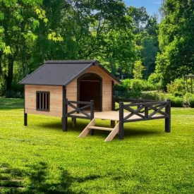 Large Outdoor Dog Kennel with Porch & Raised Design  66.9L x 43.3W All-Weather Wooden Dog House for Medium to Large Breeds