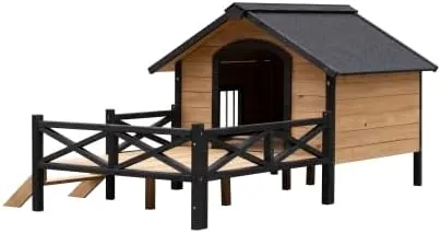 Large Outdoor Dog Kennel with Porch & Raised Design  66.9L x 43.3W All-Weather Wooden Dog House for Medium to Large Breeds