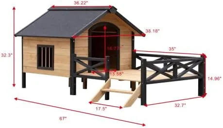 Large Outdoor Dog Kennel with Porch & Raised Design  66.9L x 43.3W All-Weather Wooden Dog House for Medium to Large Breeds