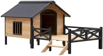 Large Outdoor Dog Kennel with Porch & Raised Design  66.9L x 43.3W All-Weather Wooden Dog House for Medium to Large Breeds
