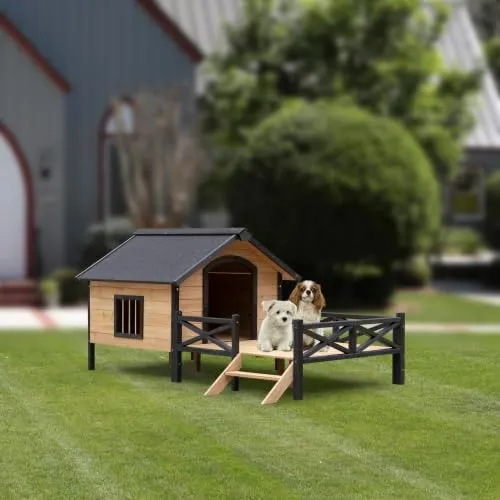 Large Outdoor Dog Kennel with Porch & Raised Design  66.9L x 43.3W All-Weather Wooden Dog House for Medium to Large Breeds