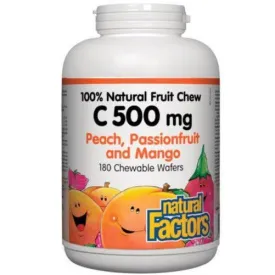 Natural Factors Kids C 500mg Fruit Chews Peach, Passionfruit and Mango 180 Chewable Wafers