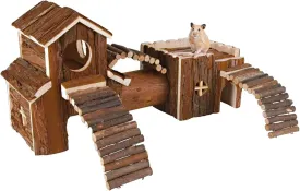 Natural Wooden Hamster Tunnel Playground Small Animal Multi-Room Hideouts Houses with Climbing Ladders and Bridge for Dwarf Hamster Mice and Other Small Animals (18.5x8.7x6in)