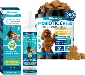 No Chew Spray & Probiotic Chews for Dogs, Bitter Apple Spray to Stop Chewing & Licking, 200 Soft Treats for Digestive & Immune Health, Supports Gut Health, Itchy Skin, Diarrhea & Gas Relief