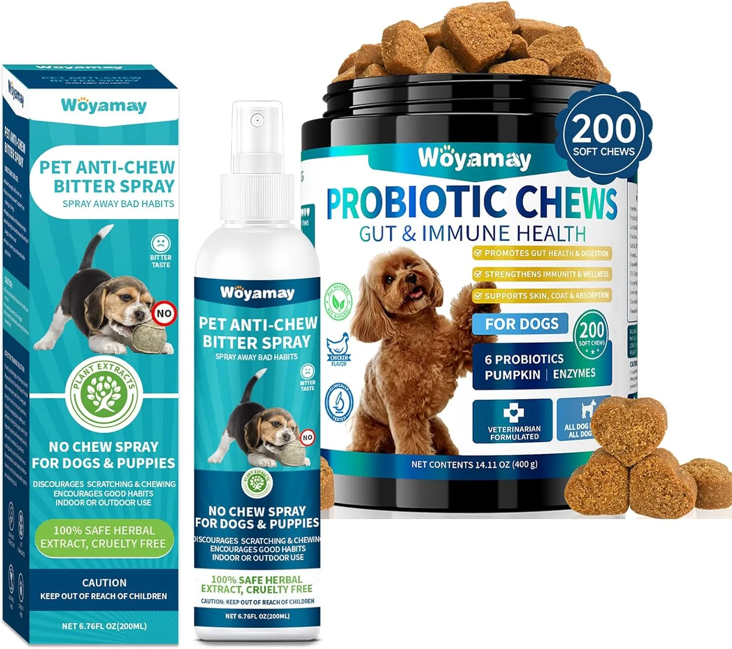No Chew Spray & Probiotic Chews for Dogs, Bitter Apple Spray to Stop Chewing & Licking, 200 Soft Treats for Digestive & Immune Health, Supports Gut Health, Itchy Skin, Diarrhea & Gas Relief