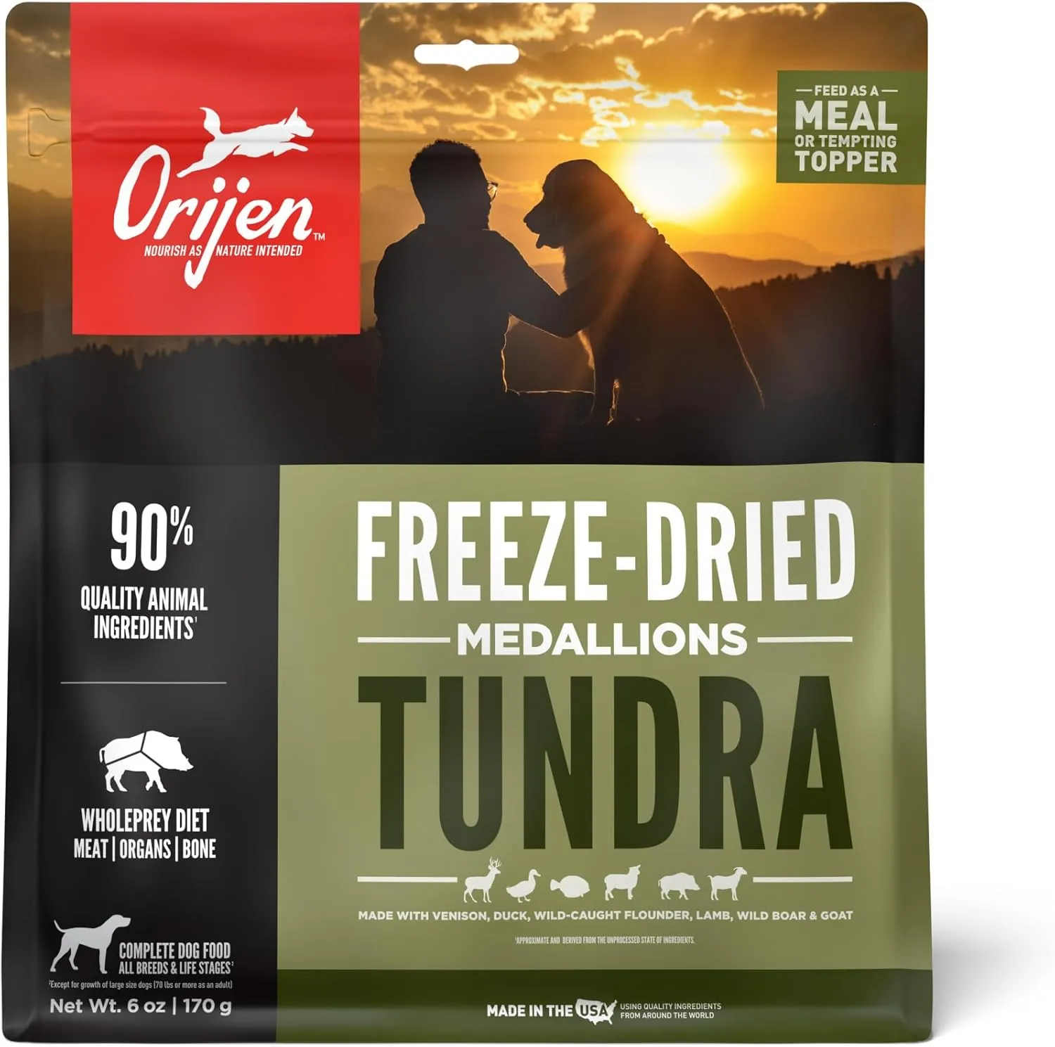ORIJEN Tundra Freeze Dried Medallions Dog Food & Topper, Grain Free Dog Food, WholePrey Ingredients, 6oz