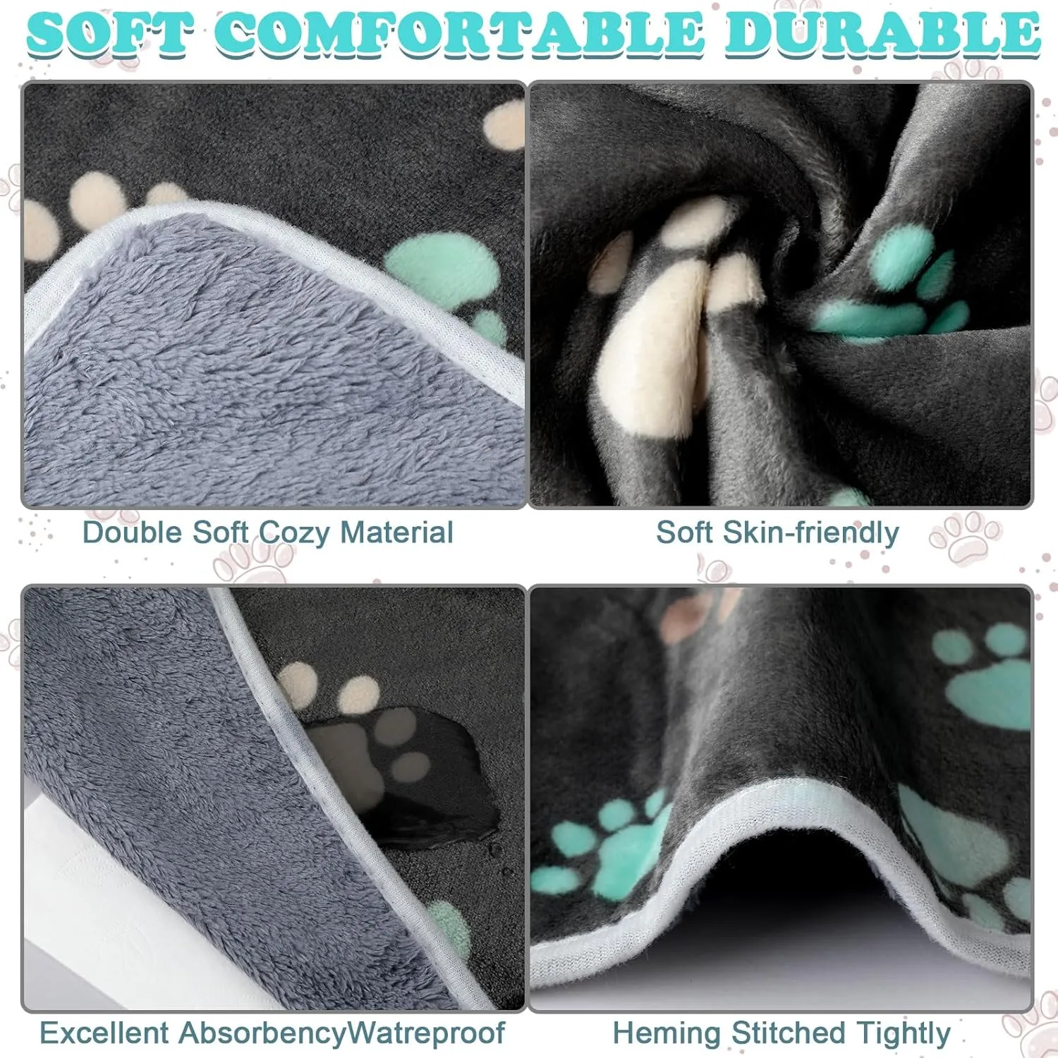 Panelee 4 Pcs Waterproof Dog Puppy Pee Pads Soft Cat Blankets Dog Sleep Mat Absorbent Pet Blanket Paw Pattern Whelping Warm Fleece Puppy Potty Training Pads Reusable(24 x 16 Inch,Black)