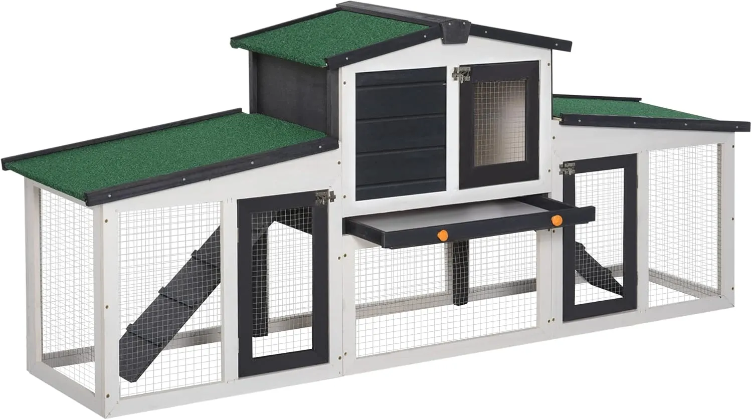 PawHut Large Rabbit Hutch with Double Runs, Wooden Guinea Pig Cage Outdoor, Bunny Cage with Removable Tray, Ramps, Roof, 78" x 19" x 34", Gray
