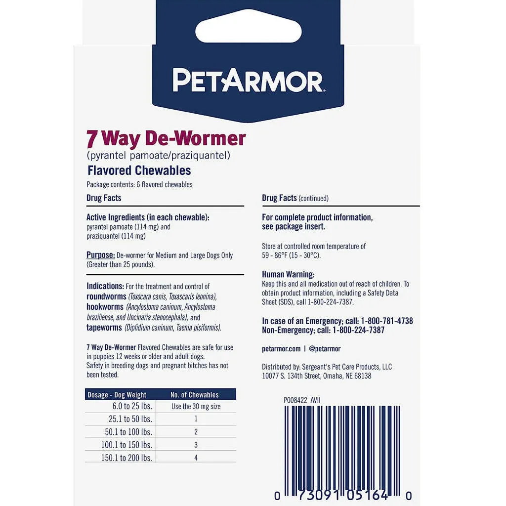 PetArmor 7 Way De-Wormer for Medium & Large Dogs 6 ct