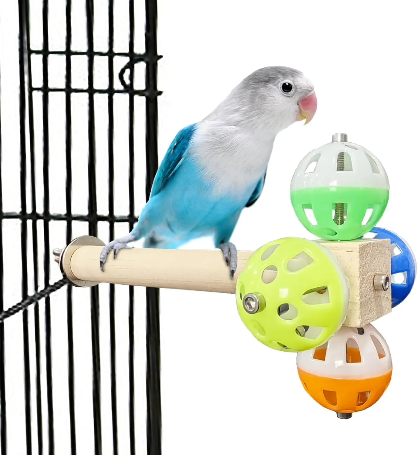 PINVNBY Bird Perch Stand Toy with Rotating Balls, Parakeet Perch Toy Bird cage Accessories Wooden Puzzle Parrot Toys Bird Perch for African GreysBudgies, Lovebirds, Medium Parrots