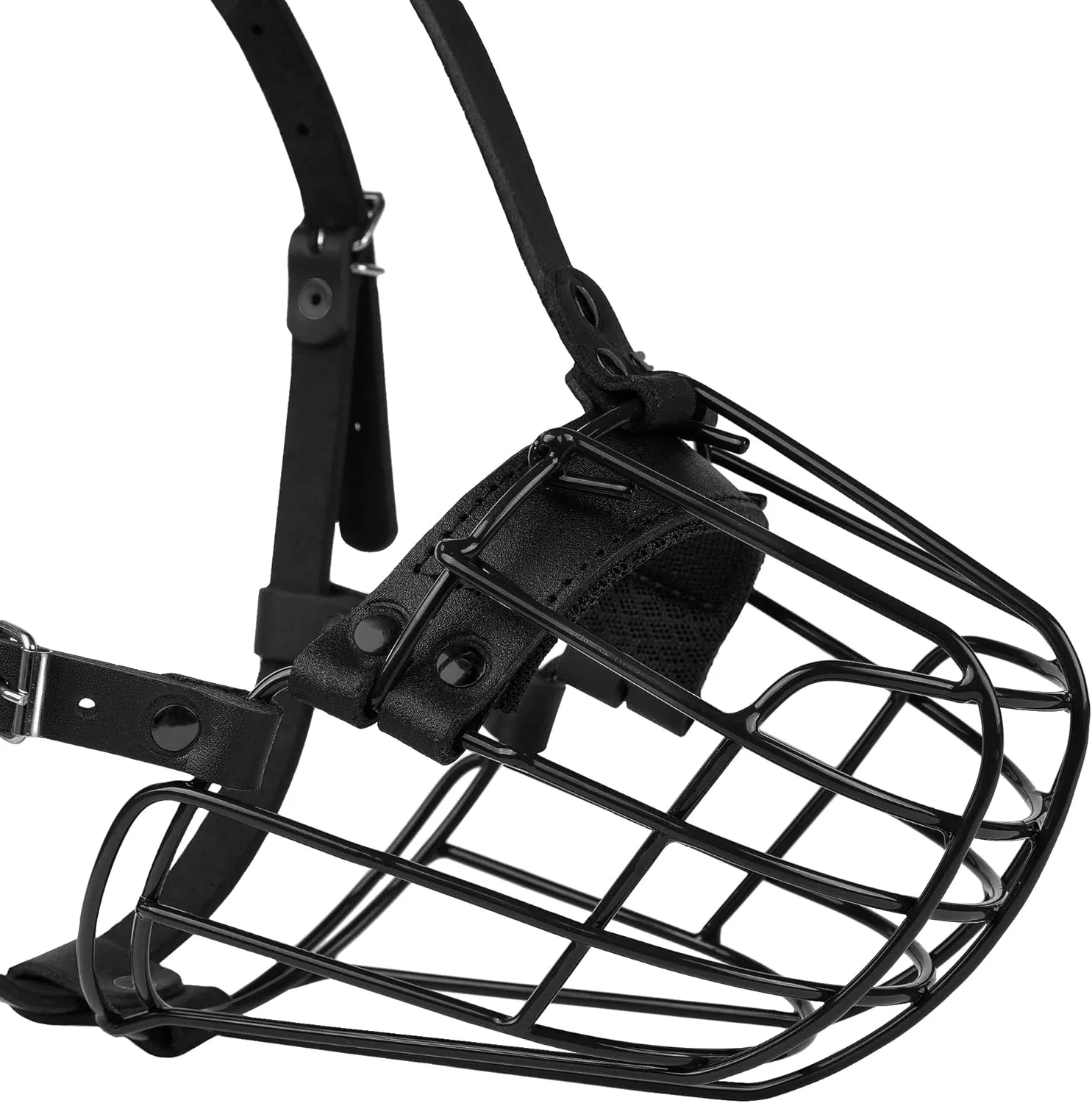 Pitbull Dog Muzzle Metal Mask Amstaff Secure Wire Basket Adjustable Durable Leather Straps for Large Dogs (Large, Black)