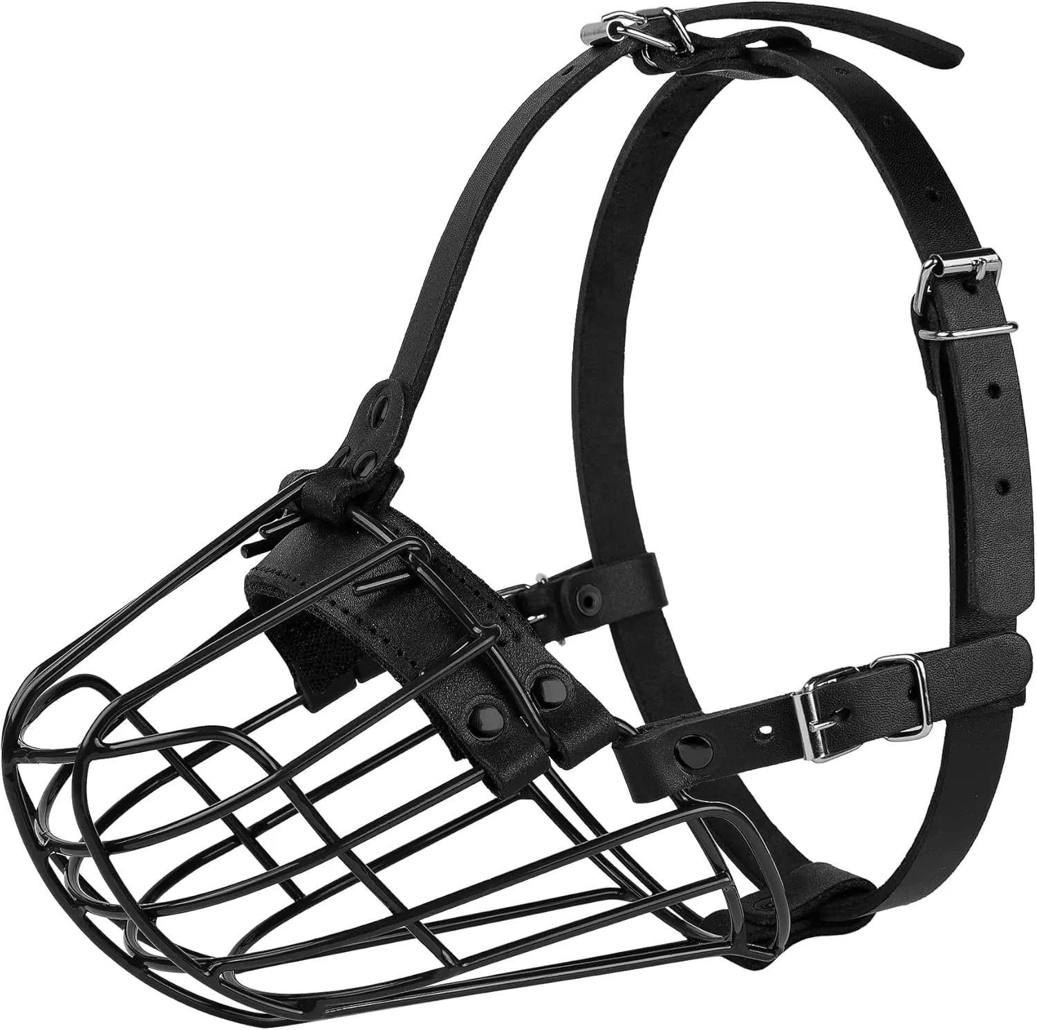 Pitbull Dog Muzzle Metal Mask Amstaff Secure Wire Basket Adjustable Durable Leather Straps for Large Dogs (Large, Black)