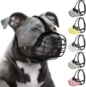 Pitbull Dog Muzzle Metal Mask Amstaff Secure Wire Basket Adjustable Durable Leather Straps for Large Dogs (Large, Black)