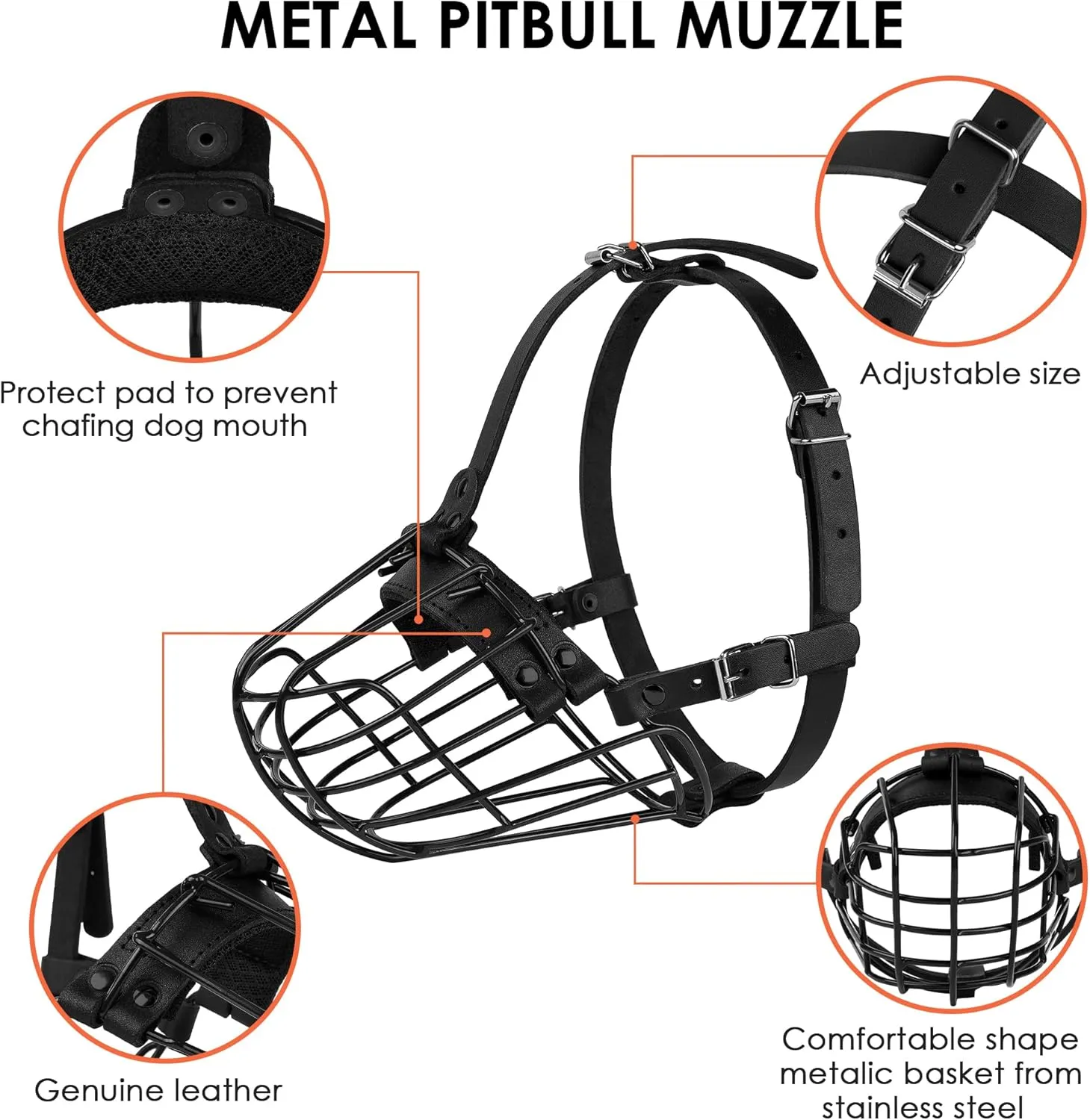 Pitbull Dog Muzzle Metal Mask Amstaff Secure Wire Basket Adjustable Durable Leather Straps for Large Dogs (Large, Black)
