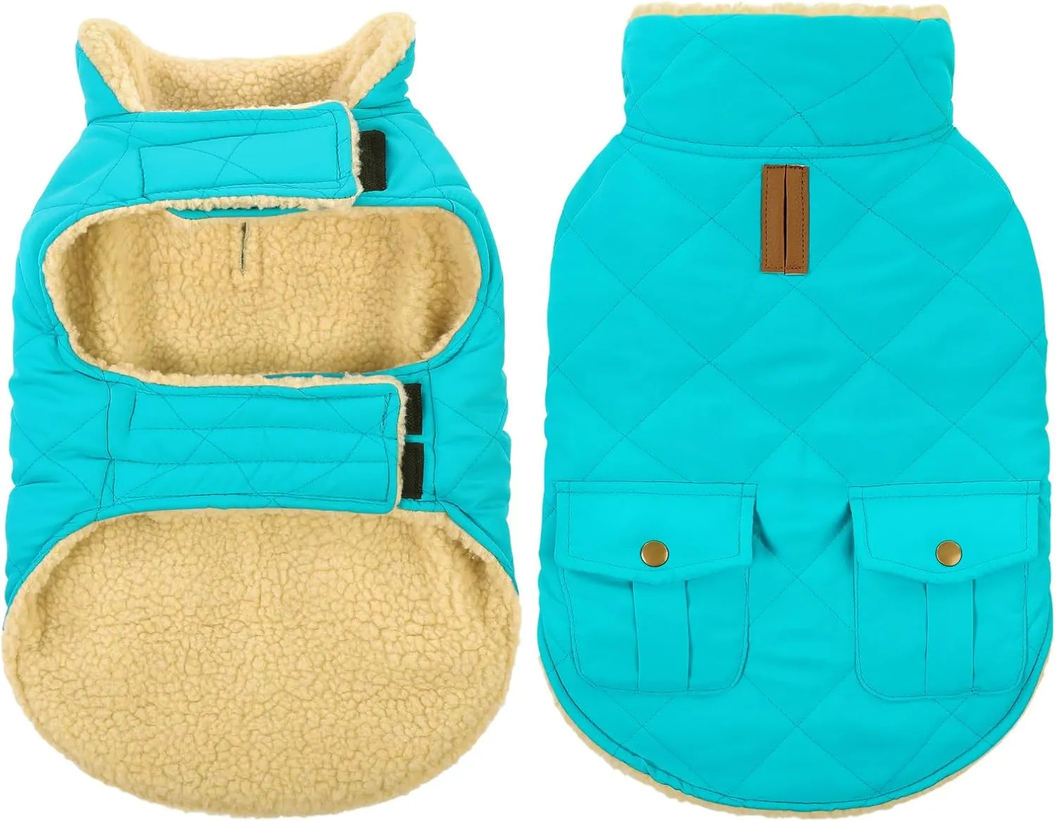 Queenmore Warm Dog Coat, Cold Weather Puffer Dog Vest, Quilting Winter Jacket Ultra Thick Plush Fleece Lining Pet Clothes with Storage Pockets (Light Blue, Small)