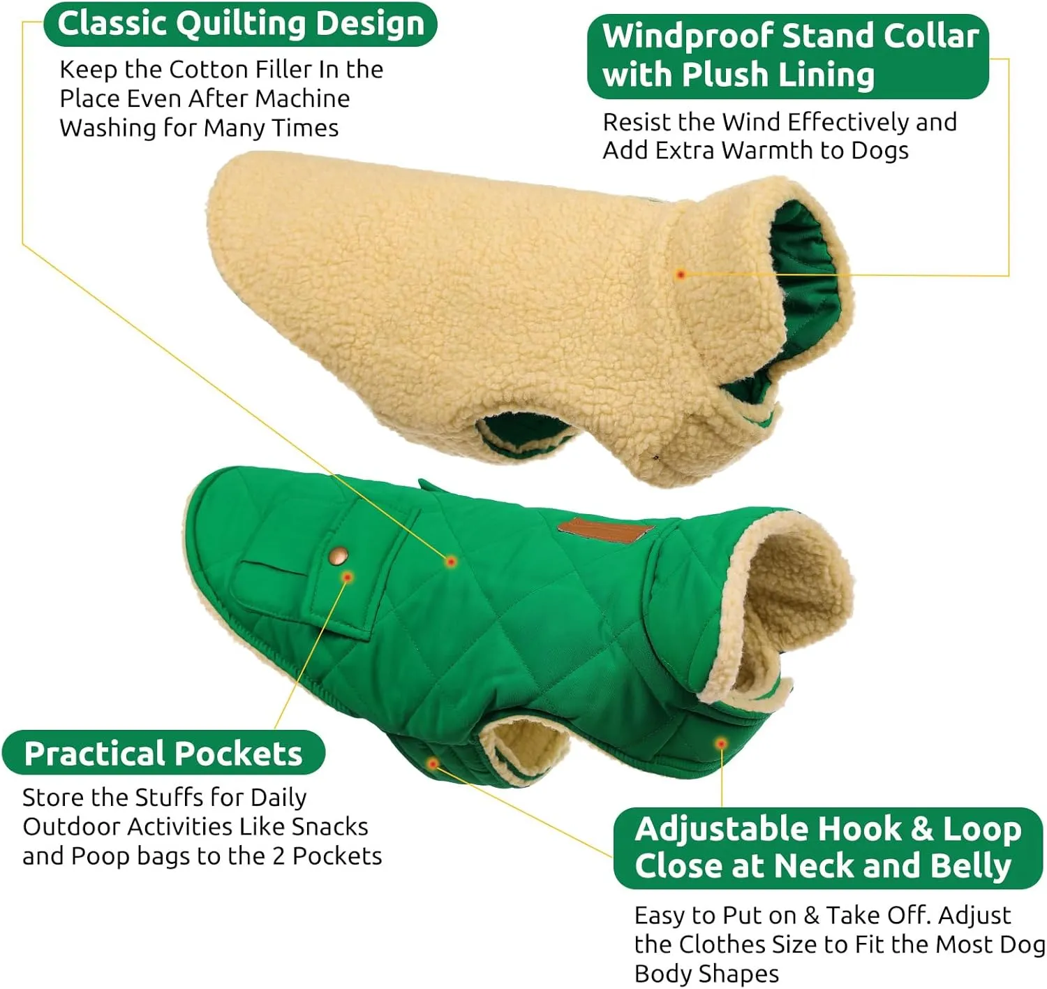 Queenmore Warm Dog Coat - Cold Weather Puffer Jacket with Quilting, Ultra Thick Plush Fleece Lining, Storage Pockets (Forest Green, X-Small)