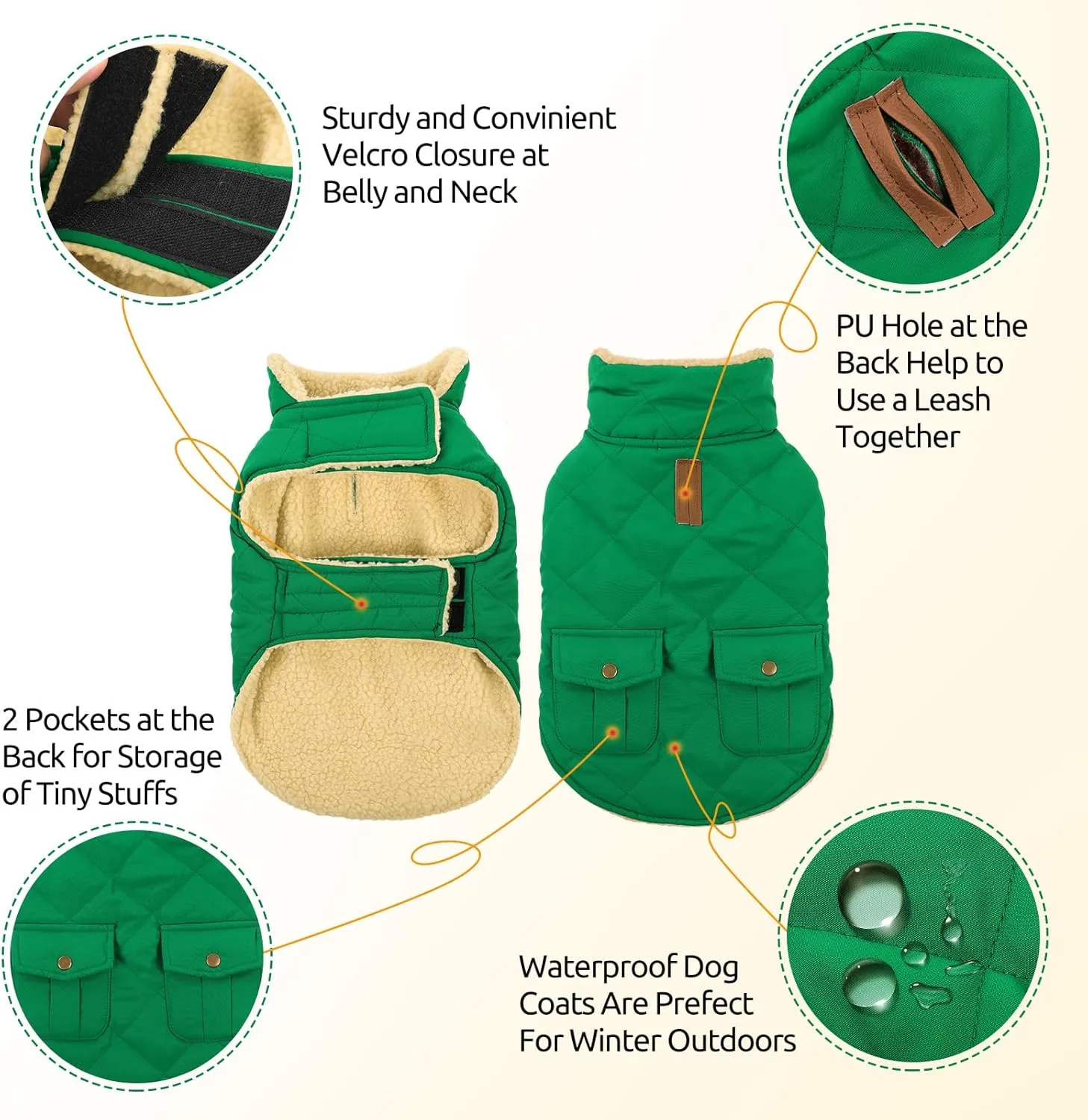 Queenmore Warm Dog Coat - Cold Weather Puffer Jacket with Quilting, Ultra Thick Plush Fleece Lining, Storage Pockets (Forest Green, X-Small)