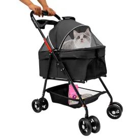 Rolling Dog Cat Carrier with Wheels,Folding Dog Stroller,Pet Folding Stroller w/Safety Belt,Travel Dog Cat Crate Carrier for Small/Medium Pet,Capacity 44.09 lbs (Black)