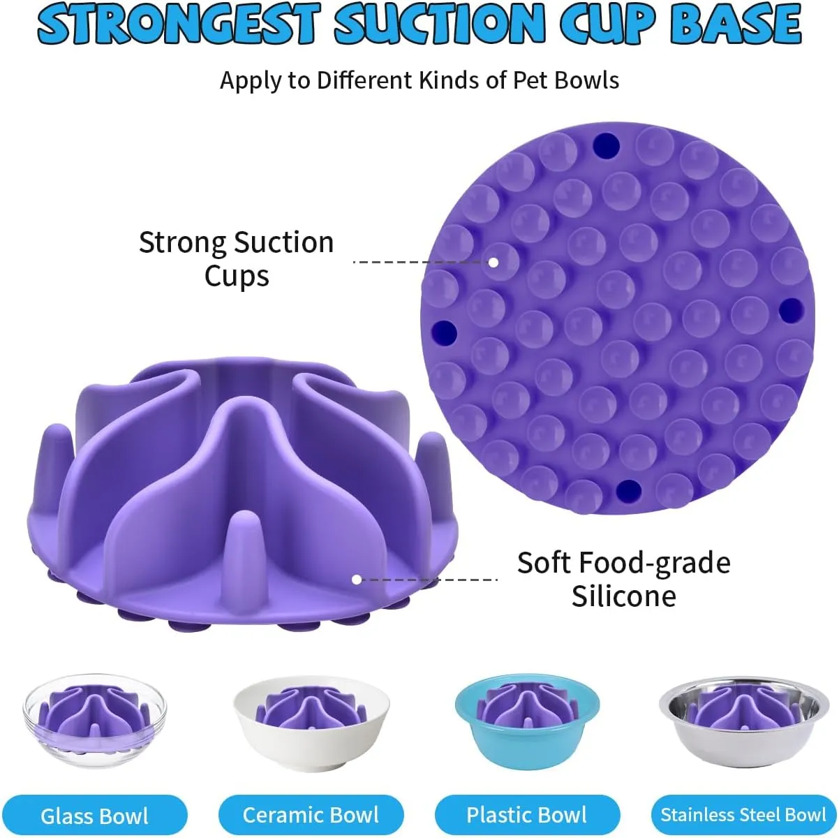 Slow Feeder Dog Bowls Insert, Silicone Slow Feeder Bowl with Strong Suction Cups Perfect for Stainless Steel Glass Ceramic Dog Bowls (Purple, Small Size)