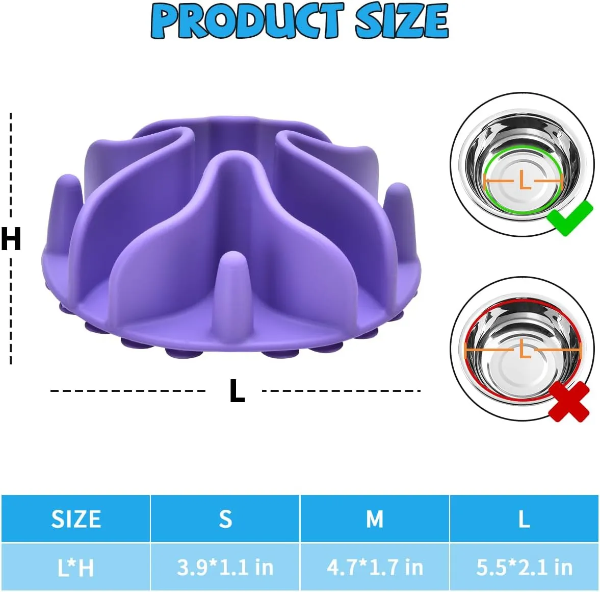 Slow Feeder Dog Bowls Insert, Silicone Slow Feeder Bowl with Strong Suction Cups Perfect for Stainless Steel Glass Ceramic Dog Bowls (Purple, Small Size)