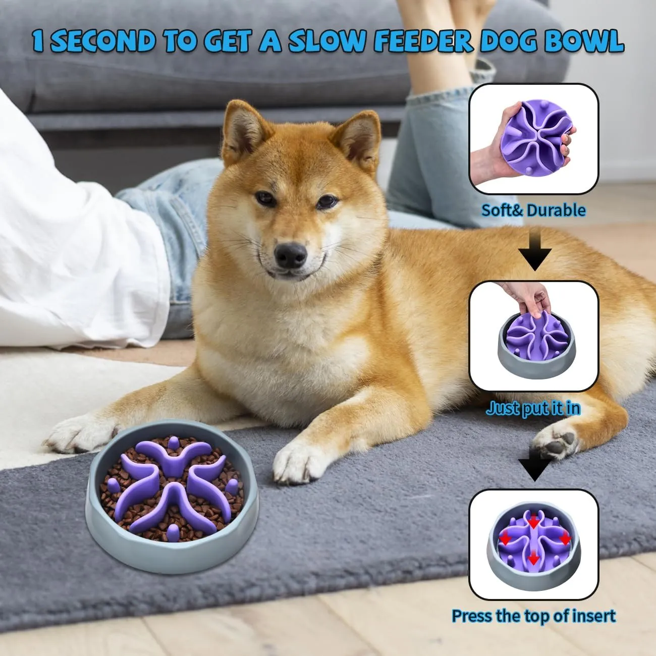 Slow Feeder Dog Bowls Insert, Silicone Slow Feeder Bowl with Strong Suction Cups Perfect for Stainless Steel Glass Ceramic Dog Bowls (Purple, Small Size)