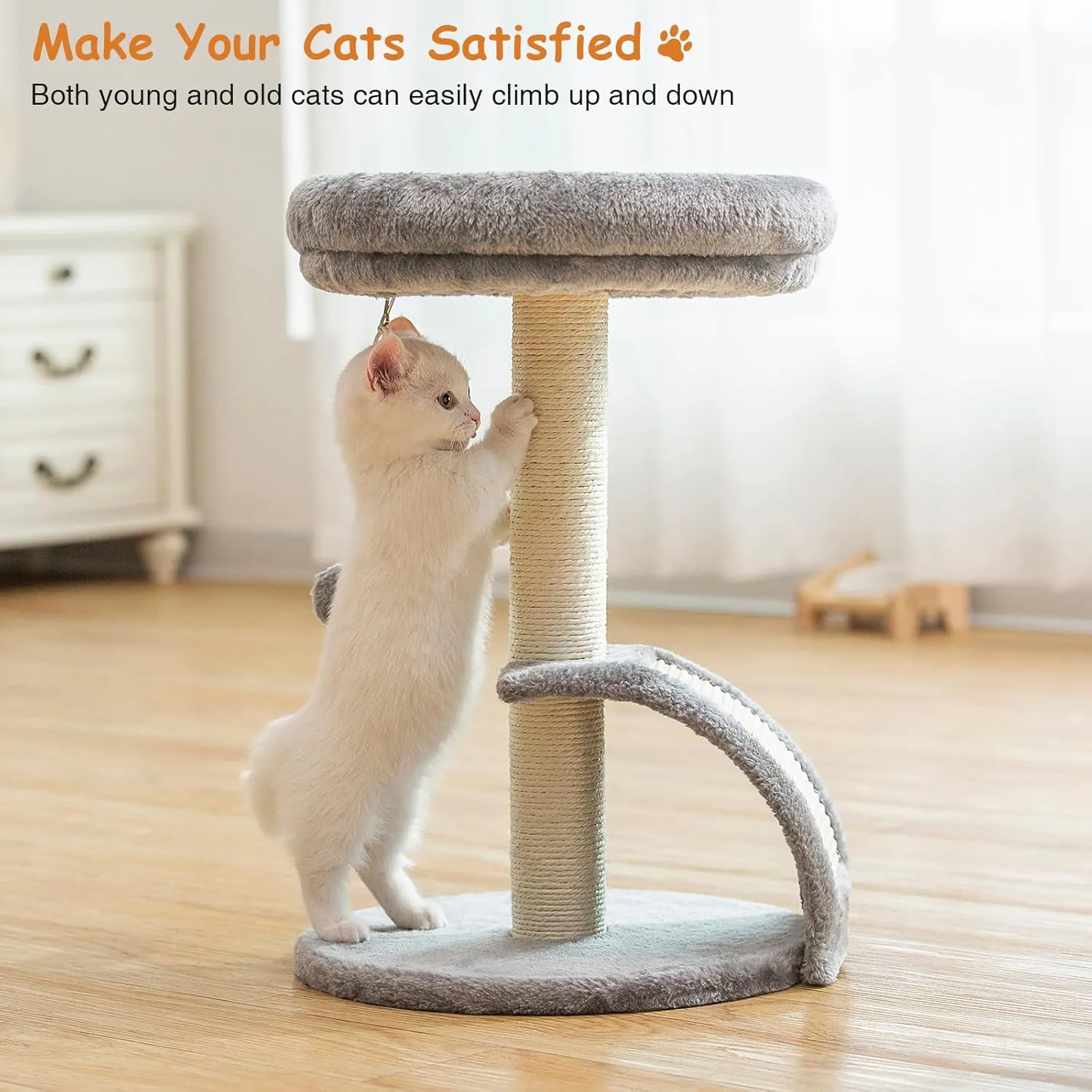 Small Cat Tree Tower with Scratching Post, Modern Kitten Tower for Indoor Cats, Short Carpet Sisal Cat Scratcher Stand with Large Bed Perch, Scratch Ramp, Toy Ball for Kitty Play (Grey)