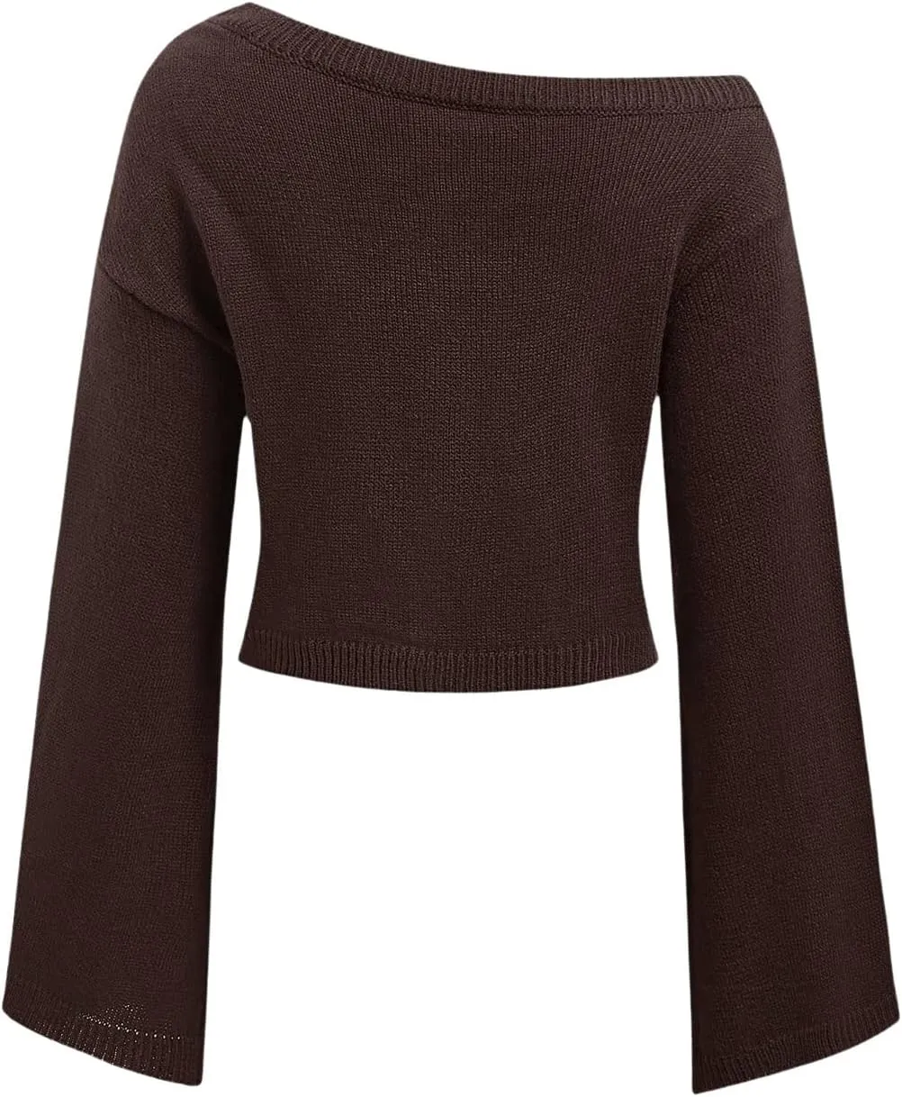 SOLY HUX Women's Sweater Cat Moon Graphic Off Shoulder Bell Long Sleeve Knit Pullover Tops