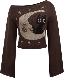SOLY HUX Women's Sweater Cat Moon Graphic Off Shoulder Bell Long Sleeve Knit Pullover Tops