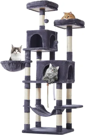 Taoqimiao Cat Tree, 66.2-Inch Cat Tower for Indoor Cats, Plush Multi-Level Cat Condo with 12 Scratching Posts, 2 Perches, 2 Caves, Hammock, 2 Pompoms, Smoky Gray MS013G