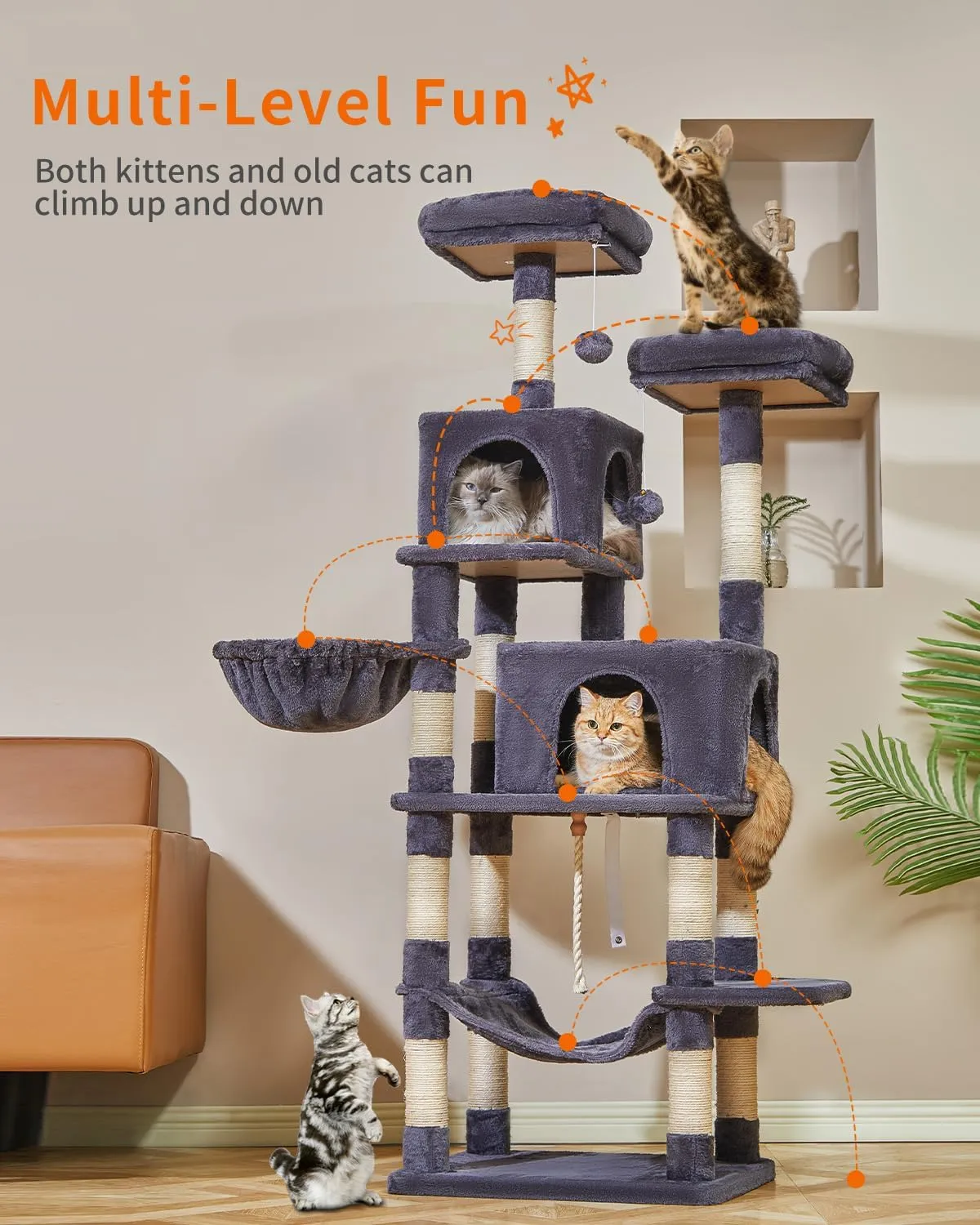 Taoqimiao Cat Tree, 66.2-Inch Cat Tower for Indoor Cats, Plush Multi-Level Cat Condo with 12 Scratching Posts, 2 Perches, 2 Caves, Hammock, 2 Pompoms, Smoky Gray MS013G