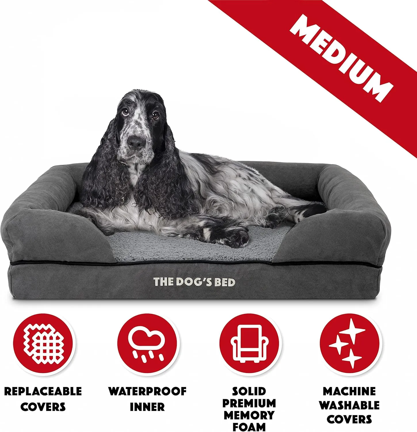The Dogs Bed, Medium Grey Plush Memory Foam, Pain Relief: Arthritis, Hip & Elbow Dysplasia, Post Surgery, Lameness, Supportive, Calming, Washable Cover, Veterinary Approved