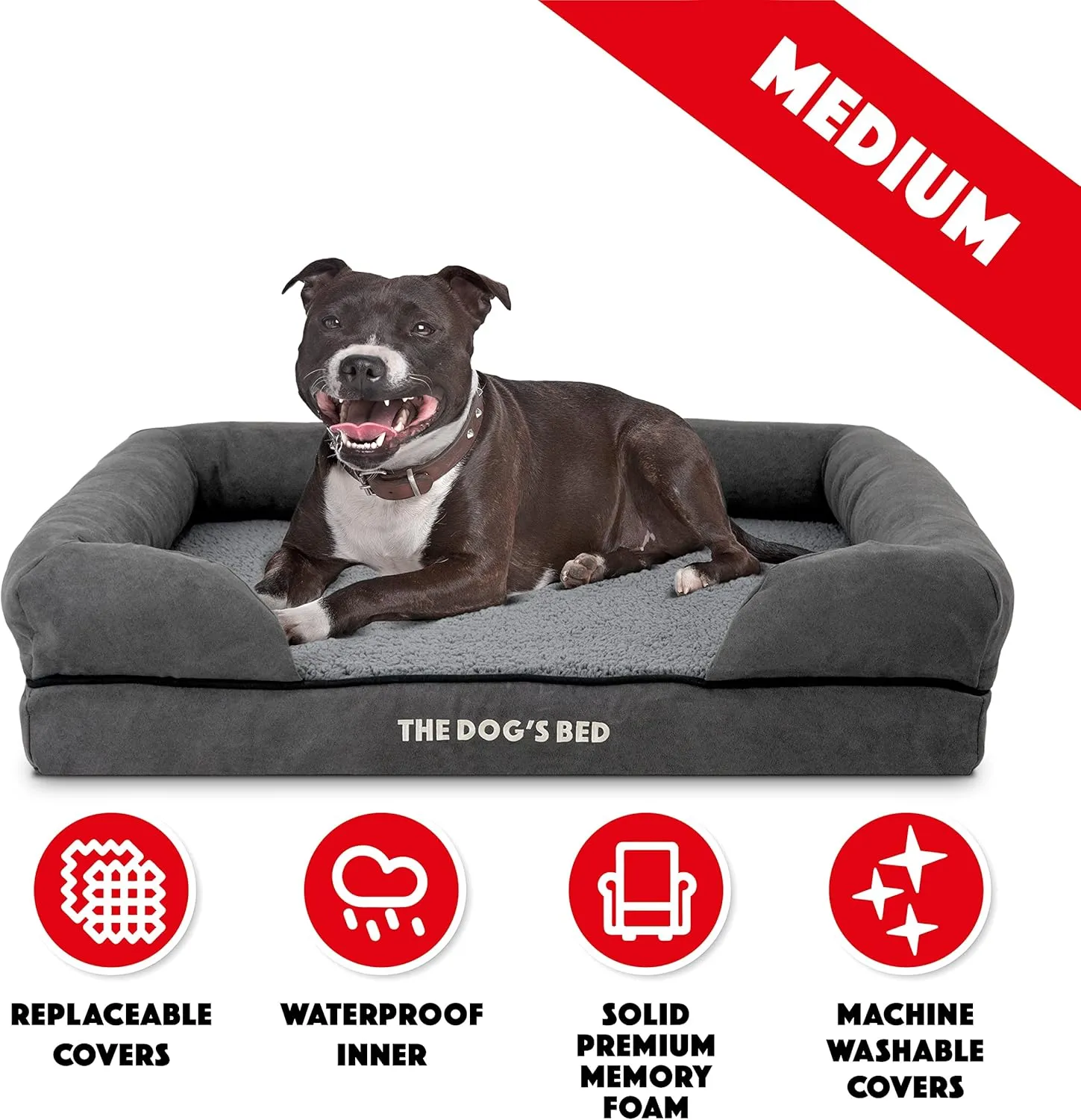 The Dogs Bed, Medium Grey Plush Memory Foam, Pain Relief: Arthritis, Hip & Elbow Dysplasia, Post Surgery, Lameness, Supportive, Calming, Washable Cover, Veterinary Approved