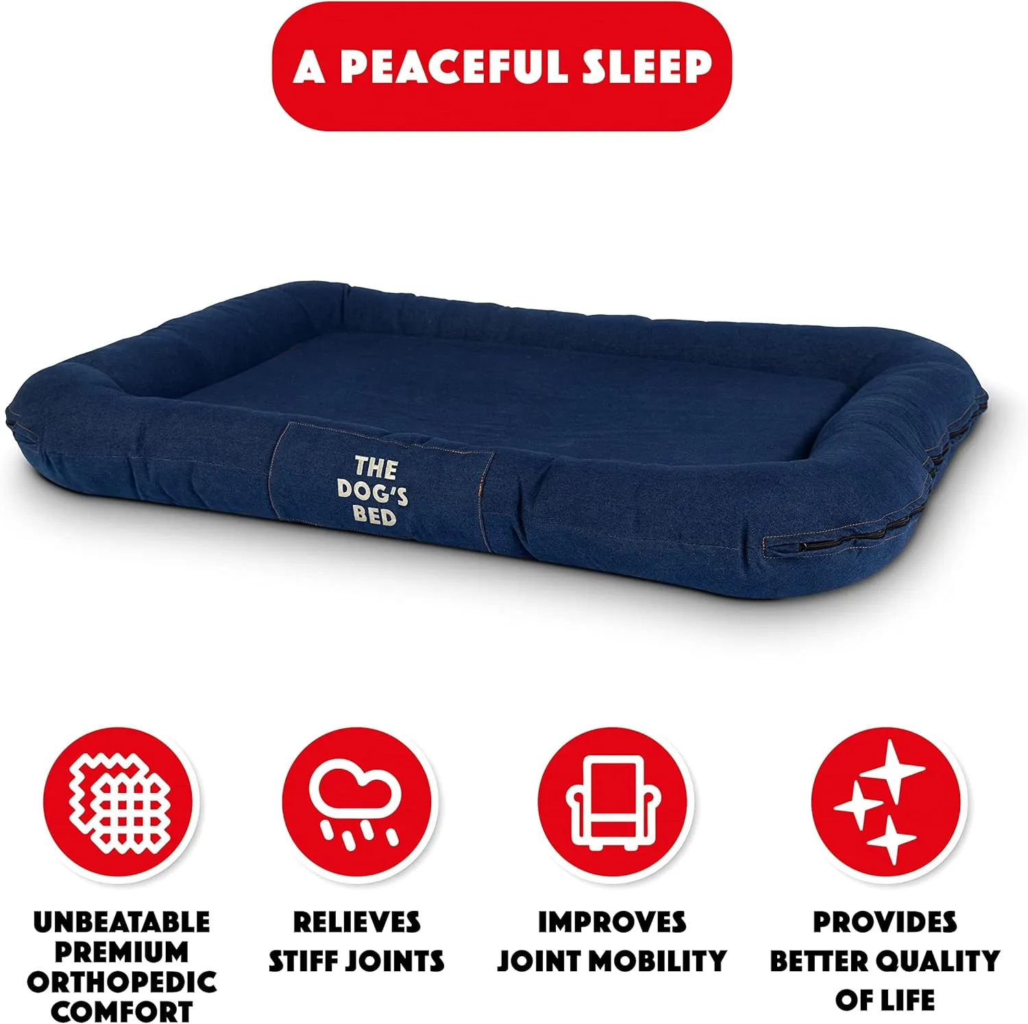The Dog's Bed Utility Waterproof Dog Beds, XL Durable Blue Denim Fabric, YKK Zippers, Washable Reversible Cover, For Home, Car, Crate & Yard, Puppy & All Pet Comfort
