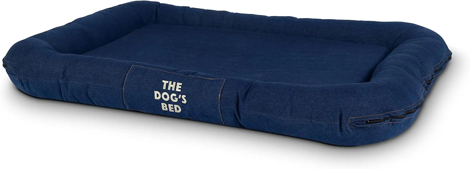 The Dog's Bed Utility Waterproof Dog Beds, XL Durable Blue Denim Fabric, YKK Zippers, Washable Reversible Cover, For Home, Car, Crate & Yard, Puppy & All Pet Comfort